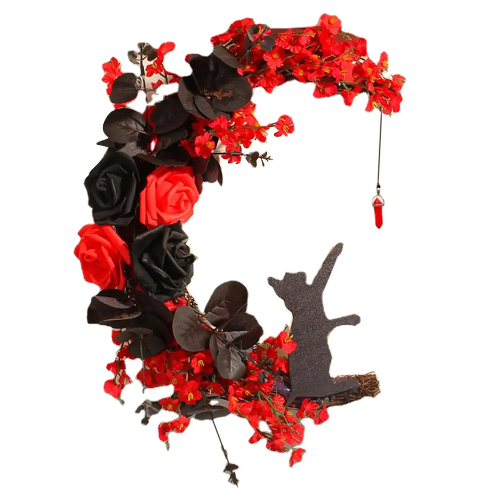 

Праздничный венок на Хэллоуин, искусственные розы, венки, Силуэт черной кошки с подвеской, украшения для дома на Хэллоуин Вечерние