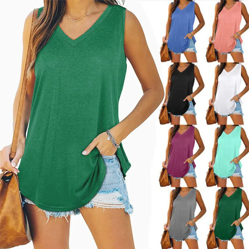 

2023 New Popular V-neck Swallowtail Sleeveless Solid Tank Top Loose Cotton Women's Wear T-shirt