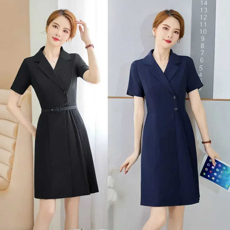 

Spring and Summer New High-end Blue Slim Professional Commuter Short-sleeved Dress White-collar Hotel Bank Work Clothes