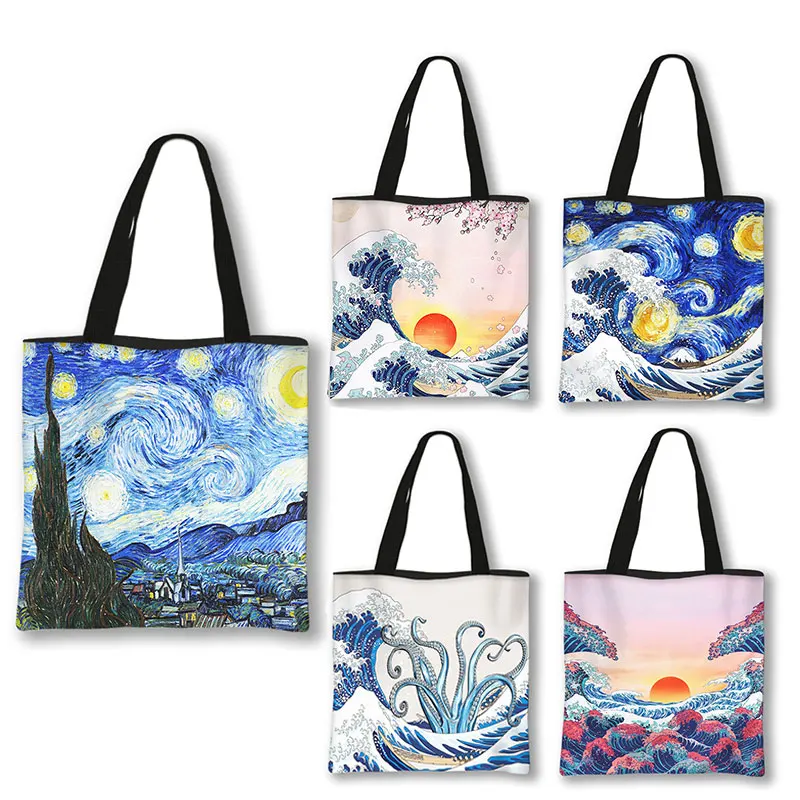 

Oil Painting Starry Sky Print Shoulder Bag Ladies Shopping Foldable Shopping Bag Japan The Big Wave Of Kanagawa Handbag Tote Bag