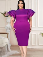 purple bodycon dress for women 2022 ruffle short sleeve elegant o neck robes femmes solid knee length office lady casual summer