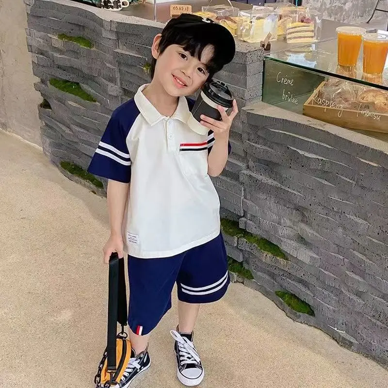 Boys' Short-Sleeved Suit 2022 Summer Clothes Children's Wear Fried Street Children's Polo Shirt College Style Clothes Children