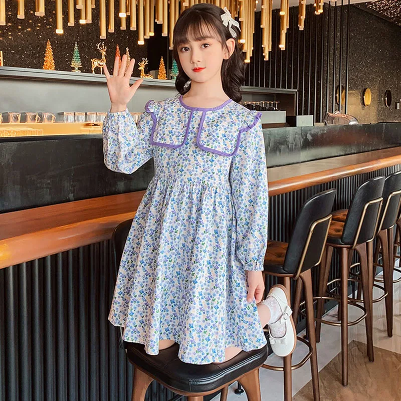 

Children Spring Clothes Long Sleeve Teens Girls Floral Dress 2023 New Kids Peter Pan Collar Princess Dresses Print Autumn