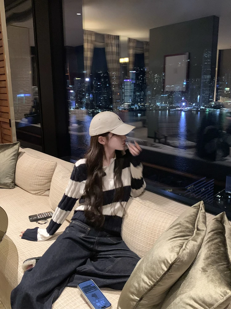 Bigking Daikin Preppy Knit Женский многослойный топ в полоску контрастного цвета с