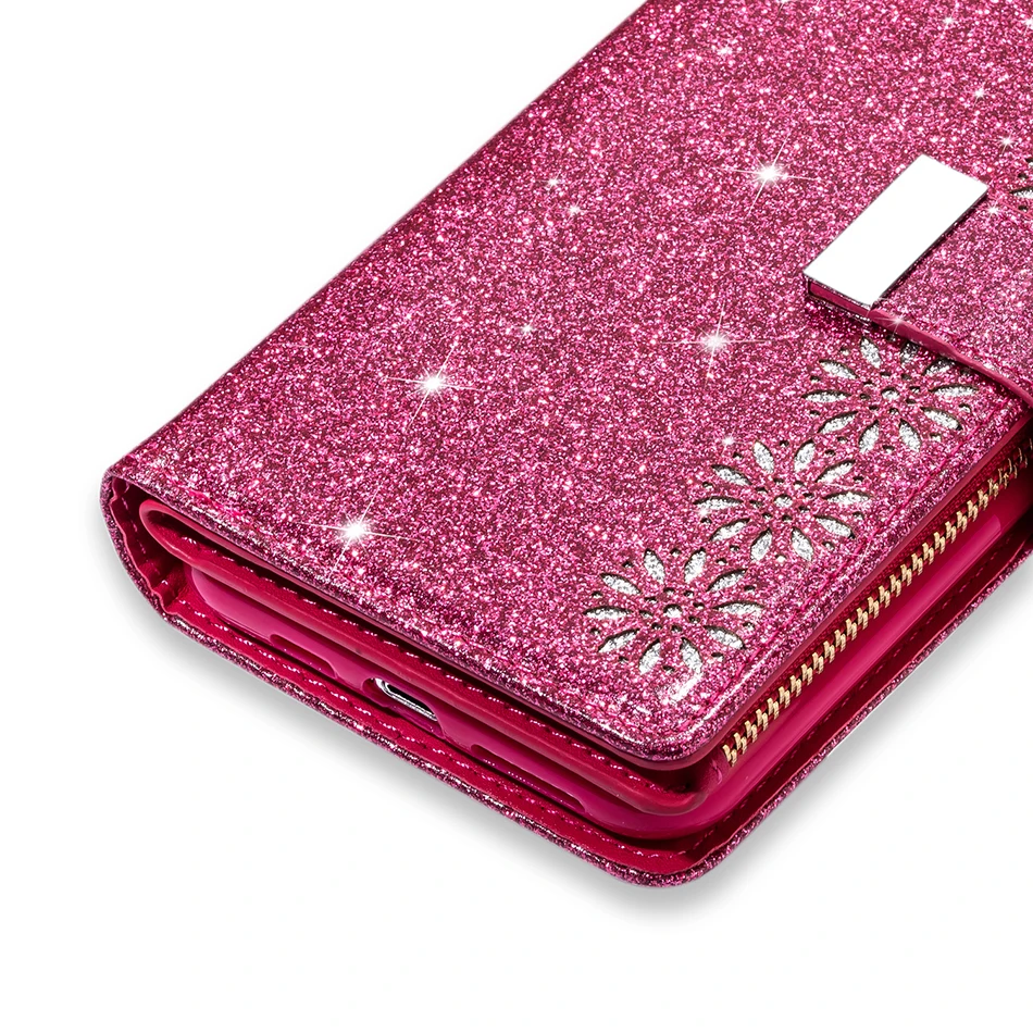 Luxury Bling Glitter Case For Samsung Galaxy S22 S21 S20 FE S10e S10 5G S9 S8 S7 S6 Edge Note 20 10 Zipper Multi-function Cover
