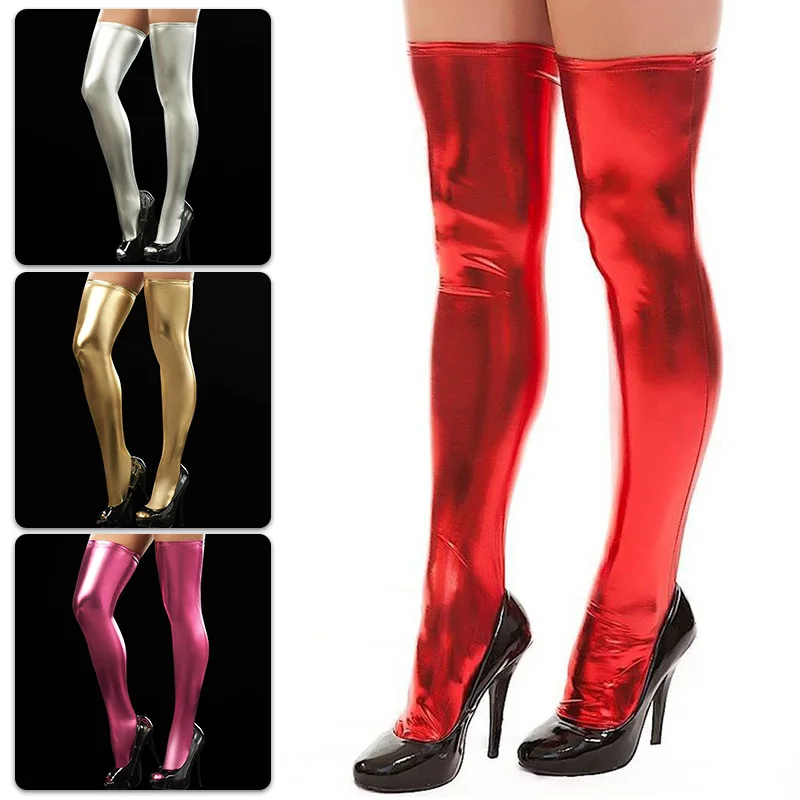 New Fashion Sexy Women PU Leather Stockings Over Knee Sock Long Boot Thigh-High Stockings Black Red Stocking Spicy Girl Clubwear