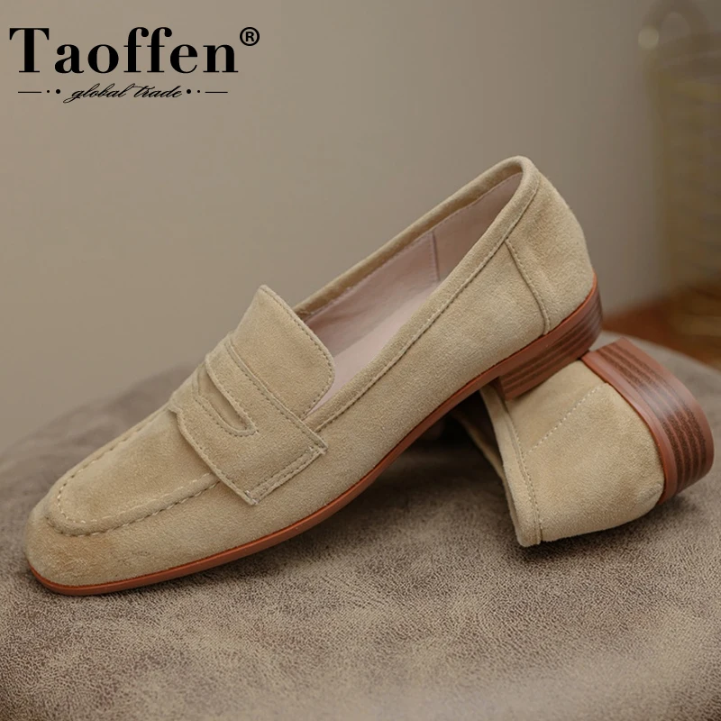 

Taoffen 2022 Real Leather Flats Shoes Women Slip On Shallow Loafers Fashion Ins Casual Spring Ladies Footwear Size 34-40