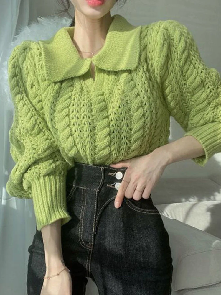 

Sweet Temperament Turn-down Collar Pullover Hollowed Out Knitted Sweater Women New Design Green Top 2022 Autumn Tide G831
