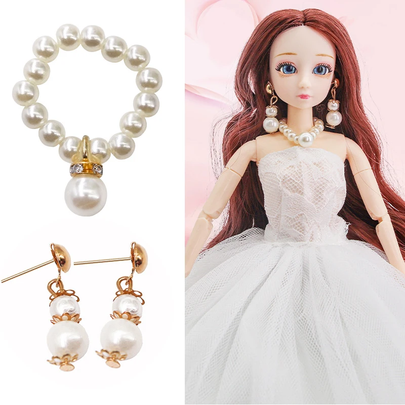 

Аксессуары для кукол, ювелирные изделия из белого жемчуга, ожерелье, браслет для куклы 1/6, модные украшения, серьги для кукол BJD