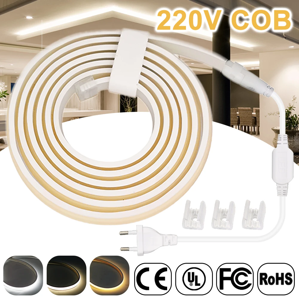 Гибкая Водонепроницаемая светодиодная лента 220 В COB 288 светодиодов/м