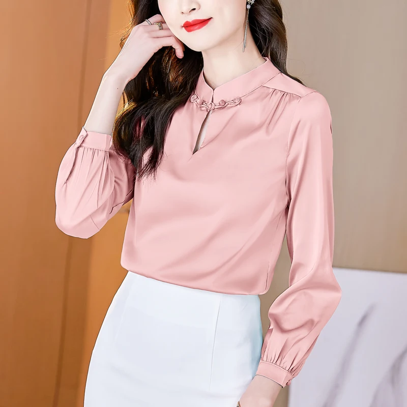 

Рубашка Женская атласная свободного покроя, модная однотонная блузка с воротником-стойкой, повседневный Топ с длинным рукавом, одежда в Кор...