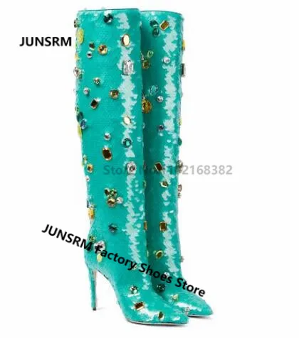 2022 Winter Green Scales Knee High Boot Pointed Toe Bling Rhinestone Diamonds Women Sexy Run Way Thin High Heel Party Long Botas