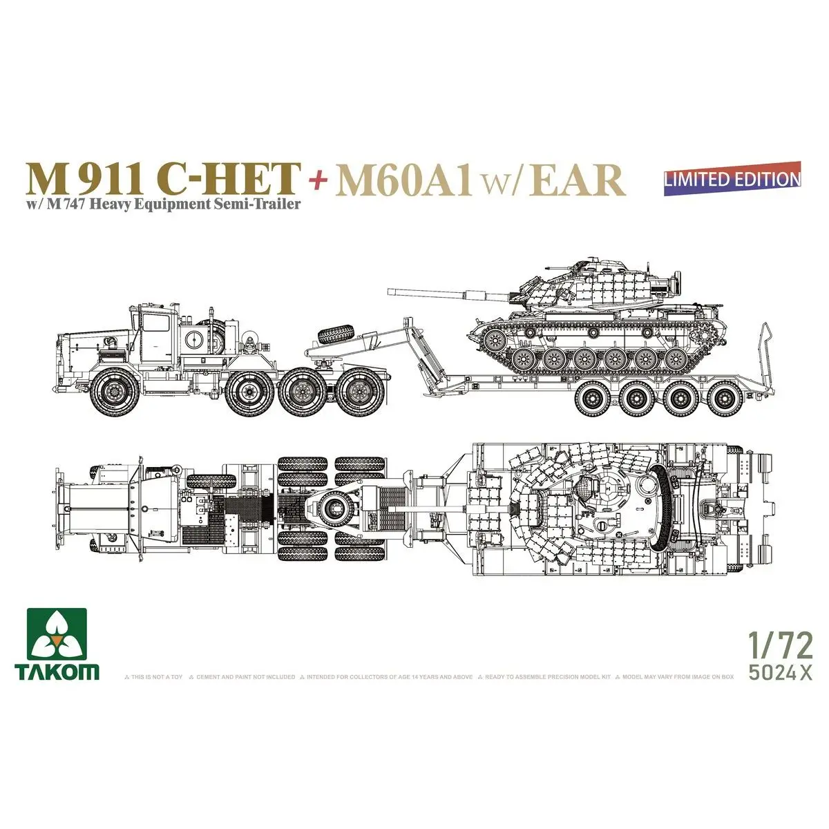 TAKOM 5024X 172 M911 C-HET с полуприцепом для тяжелого оборудования M747 + M60A1 с наушниками — комплект масштабной модели (art.: 3920d39b69996) - 3920d39b69996