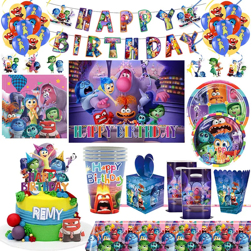 Фото Inside Out 2, украшение для дня рождения, посуда, чашки, тарелка, скатерть, фон, воздушный шар, баннер, подарочные пакеты, товары для вечеринок для детей №1