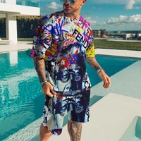 2022 new summer fashion art color graffiti 3d printing cool casual personality mens short sleeves plus shorts two piece set