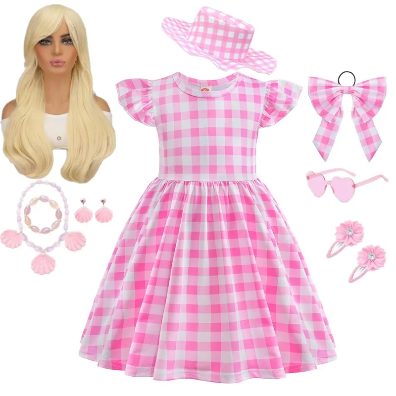 

2023 Hot Movie Barbie Costume Girls Cosplay Pink Plaid Dress Halloween Pink Fancy Dress Up Carnival Party Kids Clothes for 3-10T