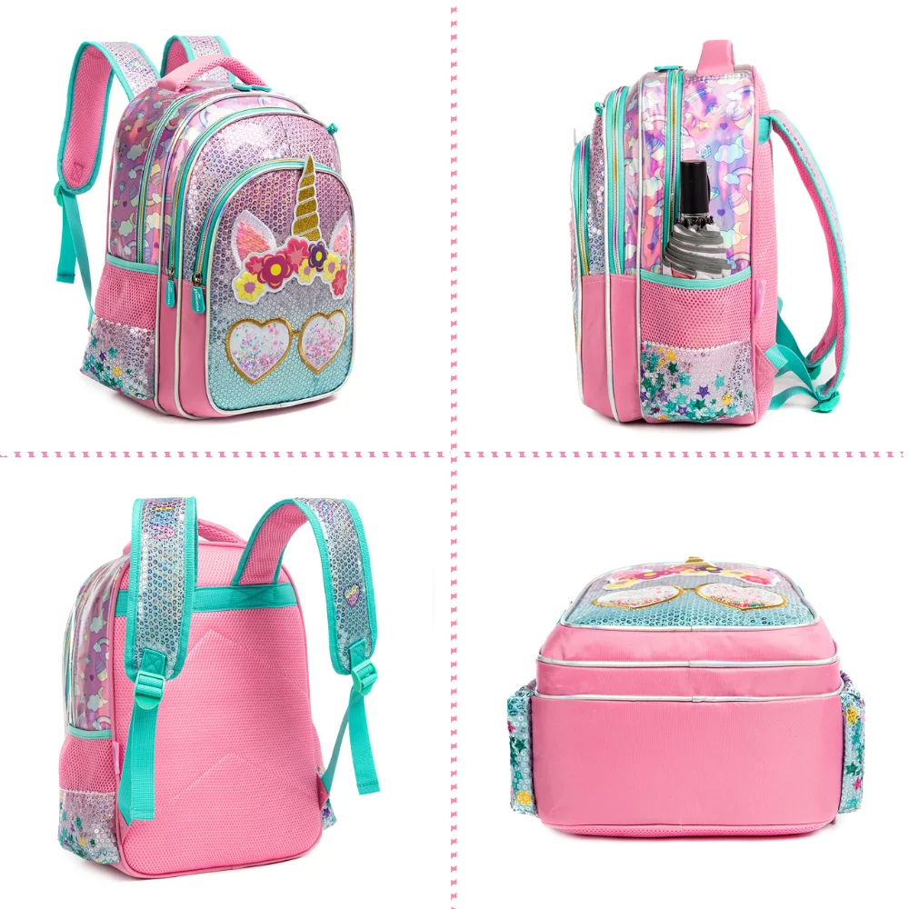 BIkab 3 Piece Set School Bags for Girls  Unicorn Pink Sequins Waterproof  Kids Backpack School Bags Shoulder Kawaii Backpack