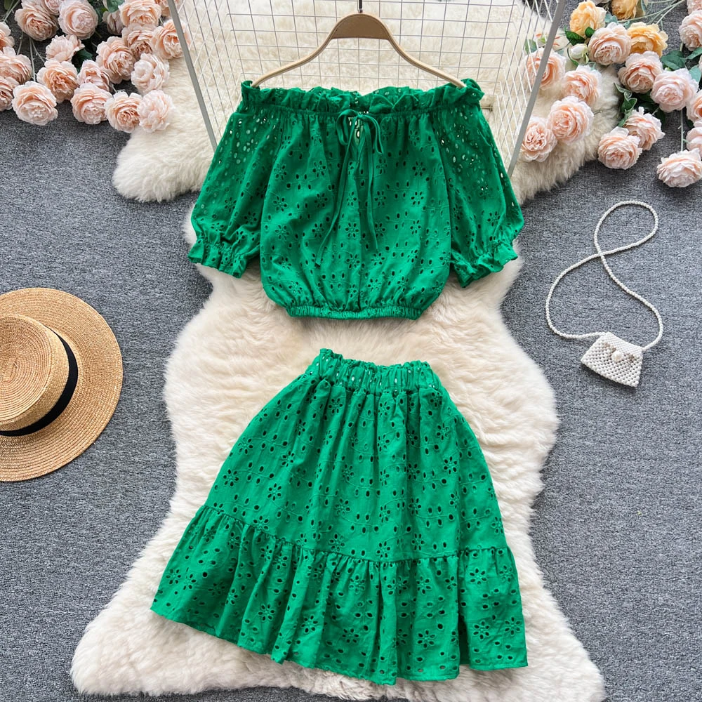 

Clothland Women Chic Hollow Out Off Shoulder Blouse Suit Short Sleeve Crop Top Mini Skirt Summer Sexy Two Piece Set TZ974