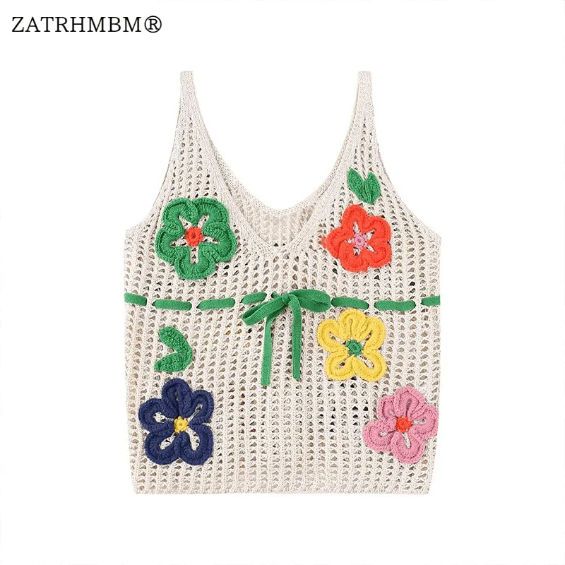 

ZATRHMBM Women 2023 New Fashion Floral Embellished Crochet Knit Tank Tops Vintage V-Neck Casual Female Chic Vest Top Mujer