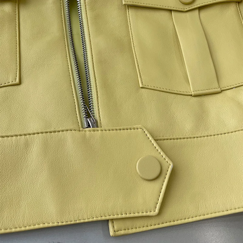 Lady Real Leather Jackets Crop Solid Zipper Bomber Coats Genuine Sheepskin Biker Jacket Short Coat Pocket Fashion Autumn ZM4047