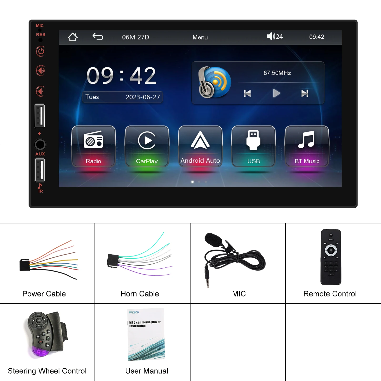 Podofo 7-дюймовый HD-экран Автомобильный радиоприемник Carplay MP5-плеер Мультимедийный