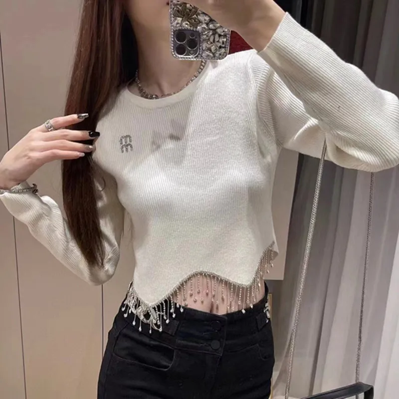 

Woman Clothing Fashion Wear Slim Fit 2023 Early Autumn New Short Round Neck Knitted Long Sleeve Perforated Tassel Edge Top