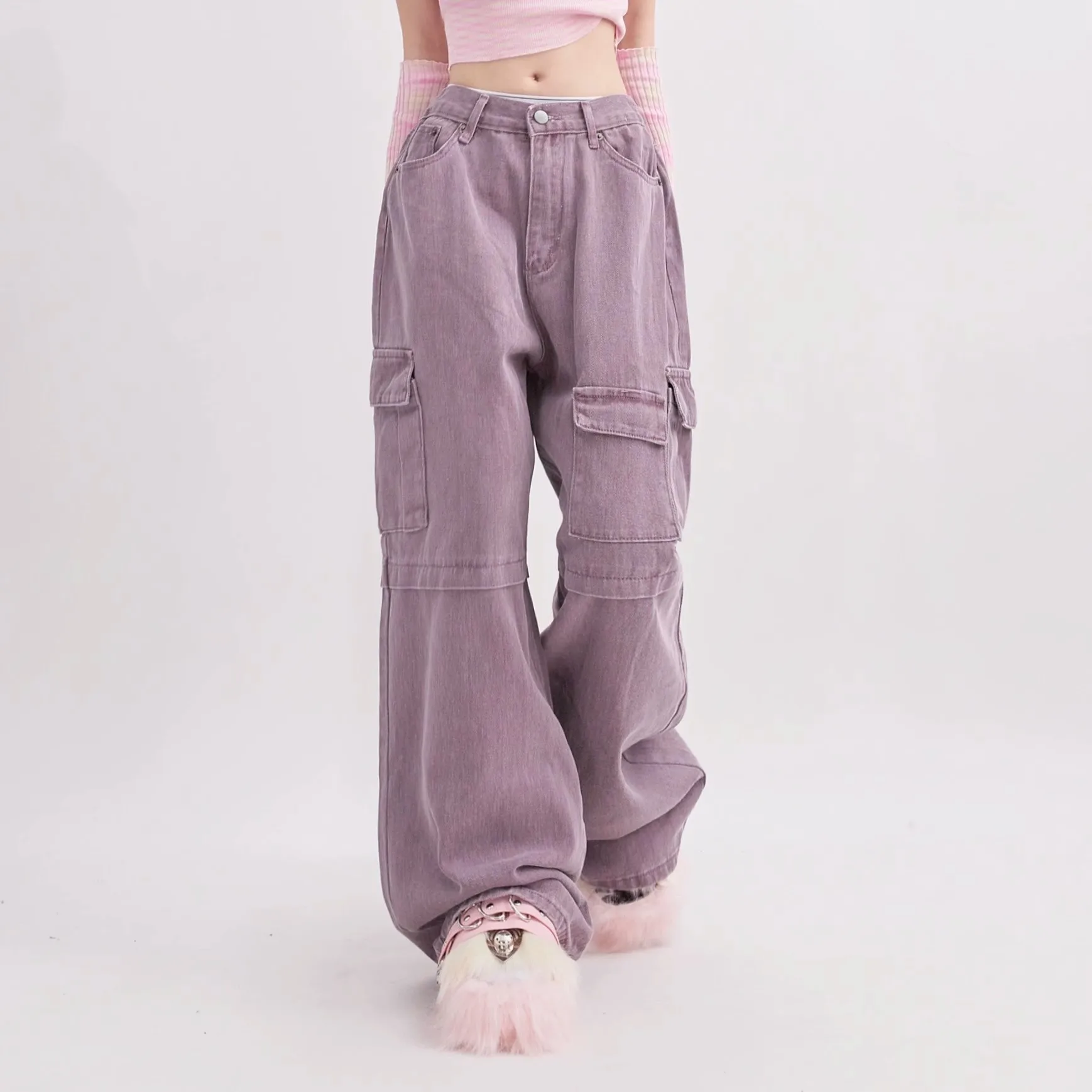 

Multi-Pocket Purple Cargo Pants Y2k Retro High Street Fashion High Waist Jeans Couple Harajuku Casual Wide Leg Pants
