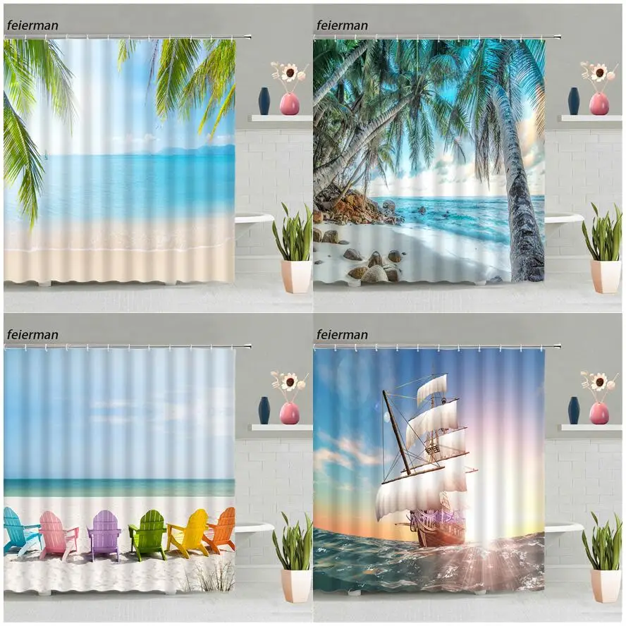 

Пляжная занавеска для душа с кокосовыми деревьями, s искусственные Пальмовые Листья, занавеска для ванны с природным ландшафтом, тканевые д...