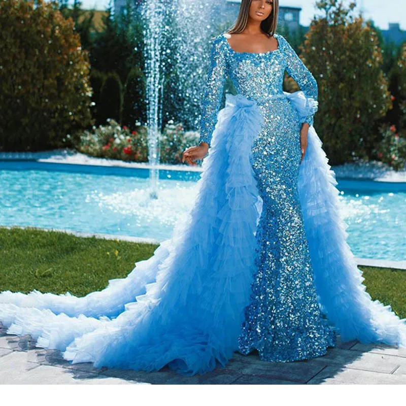 

2023 Gorgeous Mermaid Prom Dress Sweetheart Long sleeves Sparkly Sequins With Detachable Train Evening Dress Robe De Soirée