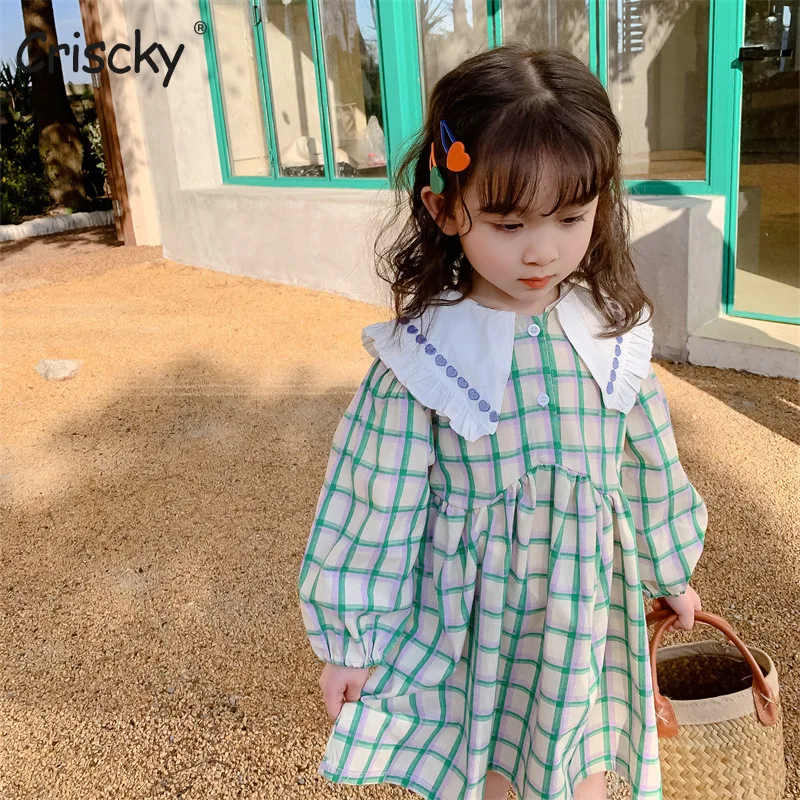 

Criscky Spring Baby Girls Dresses Summer Plaid Dresses Kids Long Sleeve Cute Print A-line Dress Causal Dresses for Girls