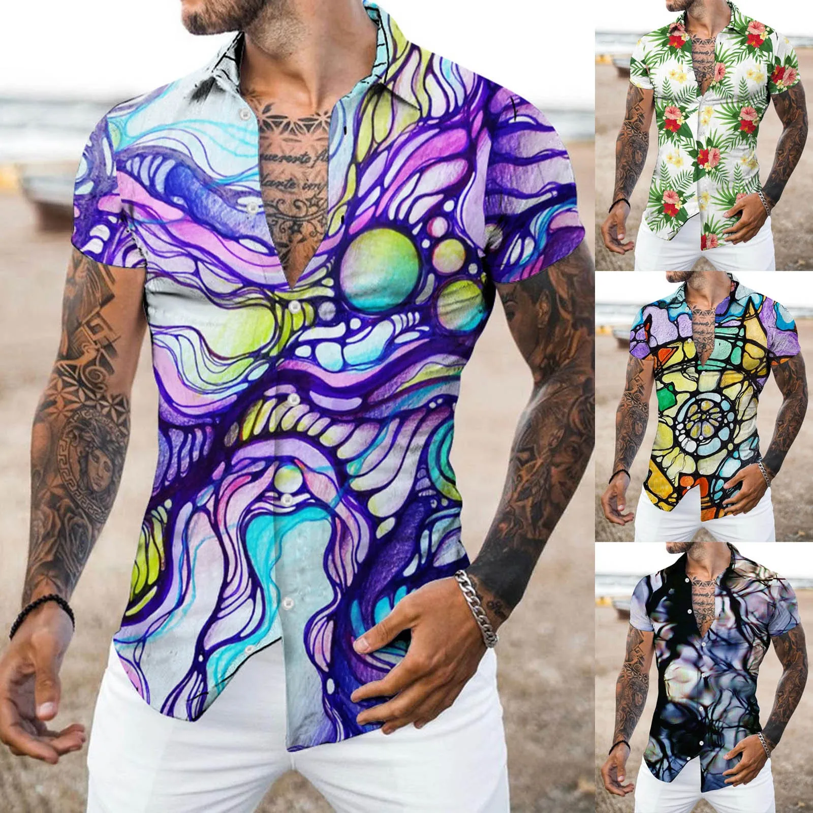 

Мужская рубашка с коротким рукавом, с принтом, на пуговицах