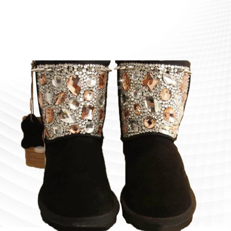 

Stitching fur integrated sequin rhinestones and leg boots thickened and velvet handmade sequins comfortable and warm 35-44