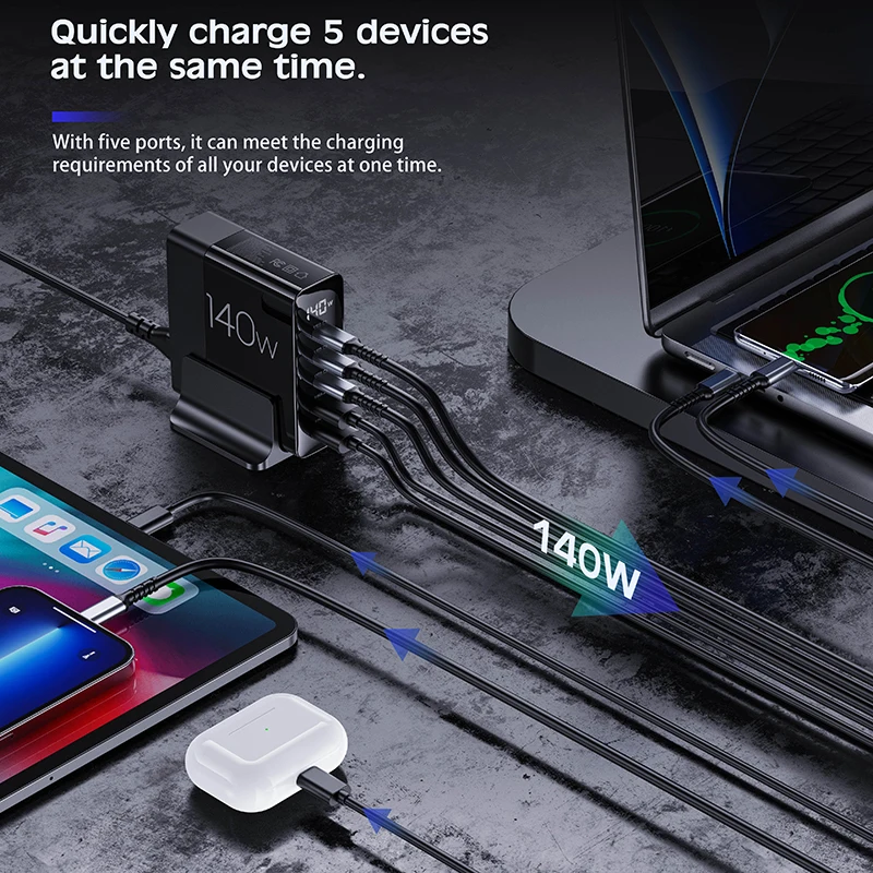 URVNS 140W GaN USB C Charging Station 5-Ports PD 100W 65W PPS 45W Super Fast Charger for MacBook Pro Air Laptop iPhone Samsung