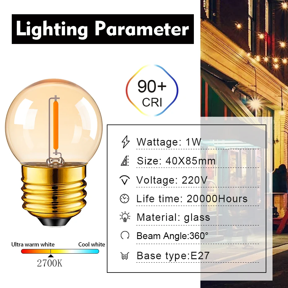 Фото G40 Globe Edison Lamp 1W E27 Base Антикварная мини-шаровая гирлянда Сменная лампа Янтарный прозрачный стеклянный теплый белый светодиодный светильник накаливания №2
