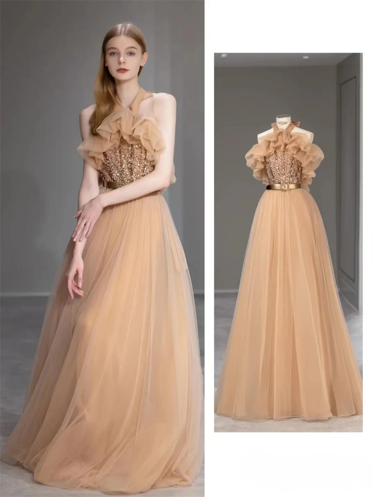 

2024 Custom A-Line Halterneck Bridesmaid Dress Spaghetti Tulle Set Diamonds Wedding Guests To Floor Length Hand-Pleated Latest