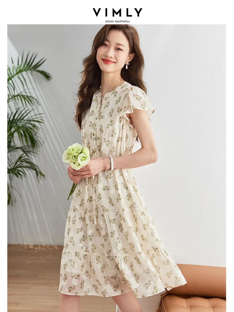 

Элегантные летние платья Vimly из французского шифона в стиле бохо для женщин 2023 платье миди с коротким рукавом-бабочкой и цветочным принтом