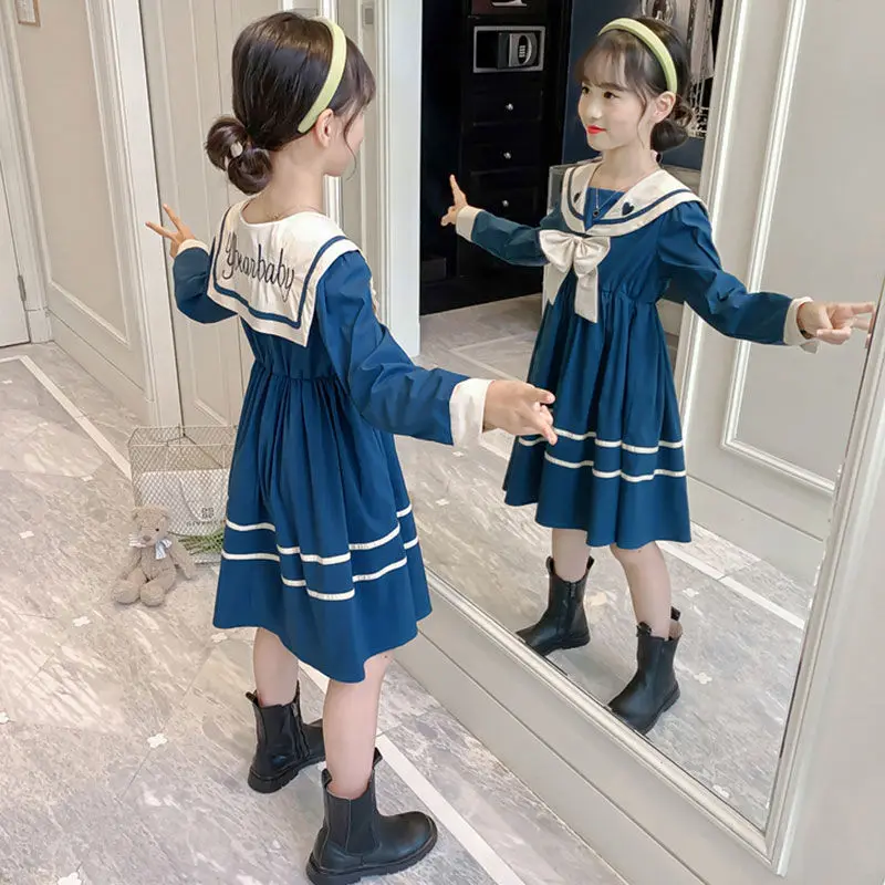 

2023 autumn winter New retro Girls long Dress Cotton Sailor Collar Teens striped pleated JK Dresses Baby Clothes Toddler 12 year