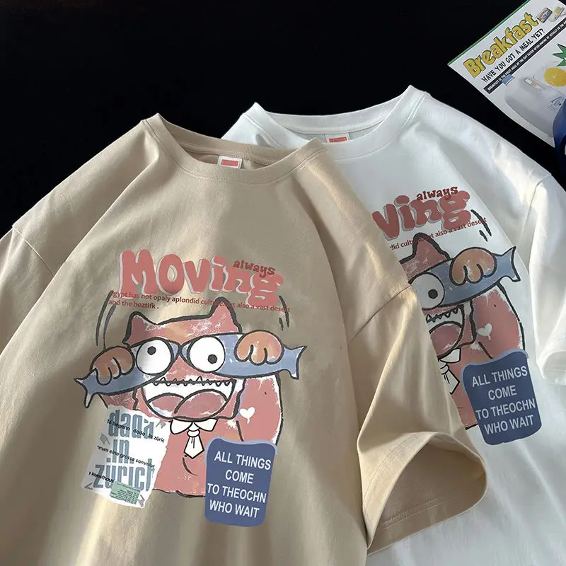 

Harajuku Brand Y2K Eye Fishing Cat Cartoon T-shirt Hip Hop Men Women Short Sleeve Summer Tops Pure Cotton Oversized Graphic Tee