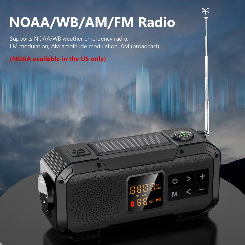 

Solar Radio Portable Emergency Radio AM/FM/WB/NOAA Bluetooth-compatible Speaker LED Flashlight for Outdoor Camping Hiking
