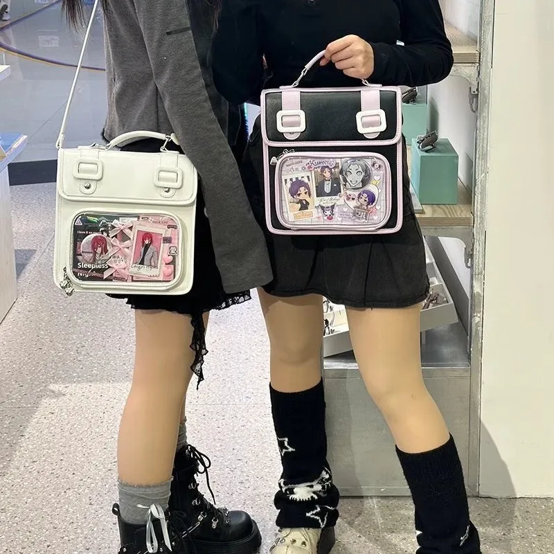 Фото Сумка Ita Bag для женщин, большая вместительная сумка Itabag с прозрачным карманом, из искусственной кожи, с мультяшным принтом, для школы, на каждый день, повседневная, черная №2