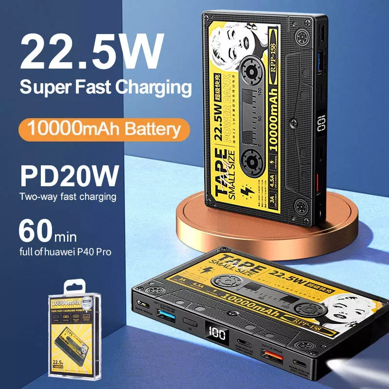 

NEW2023 Remax 10000mAh Power Bank QC22.5W Super Fast Charging Portable Mobile Battery Digital Display Retro 18W For Apple