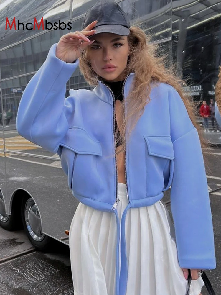 

Женская флисовая куртка на завязках, Повседневная укороченная куртка синего цвета с длинным рукавом, на молнии, уличная одежда, весна 2023