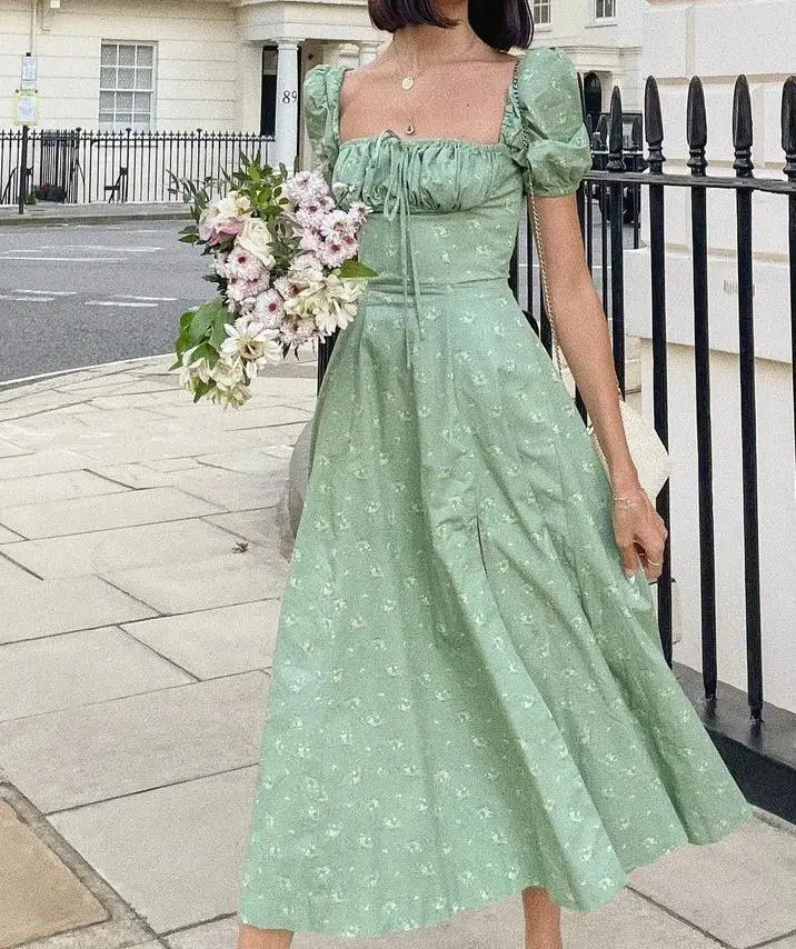 2022 женское длинное платье с цветочным принтом высокая талия короткий рукав