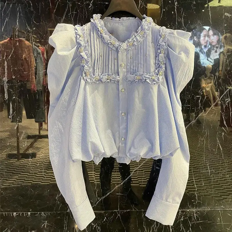 

Женская винтажная рубашка в полоску, свободная блузка с длинными рукавами-фонариками и оборками, на пуговицах, с бусинами, весна-лето 2023