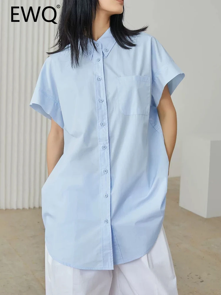 

Женская блузка средней длины EWQ, однобортная рубашка с коротким рукавом и отложным воротником, модель 26D3141 в Корейском стиле на лето, 2023