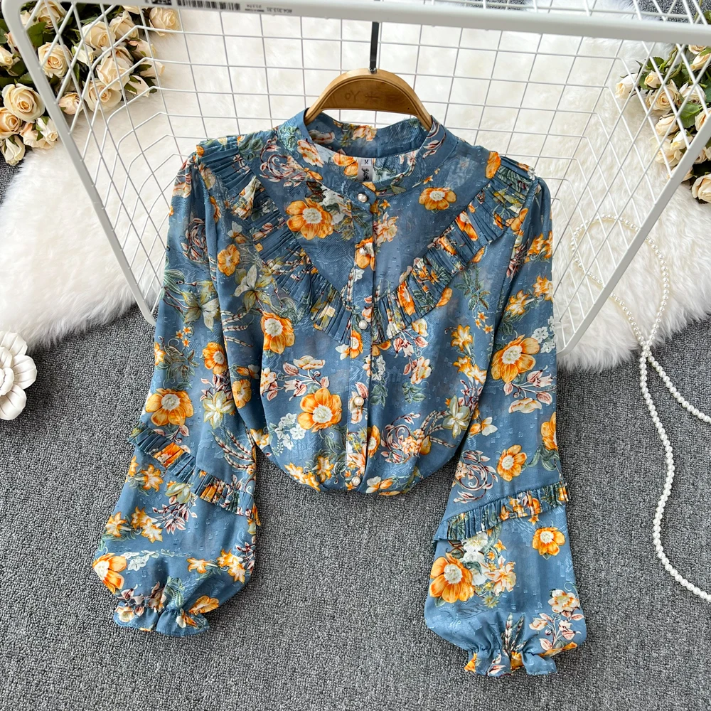 

Винтажный однобортный свободный и тонкий шифоновый Повседневный Топ с отворотами и воланами с цветочным принтом