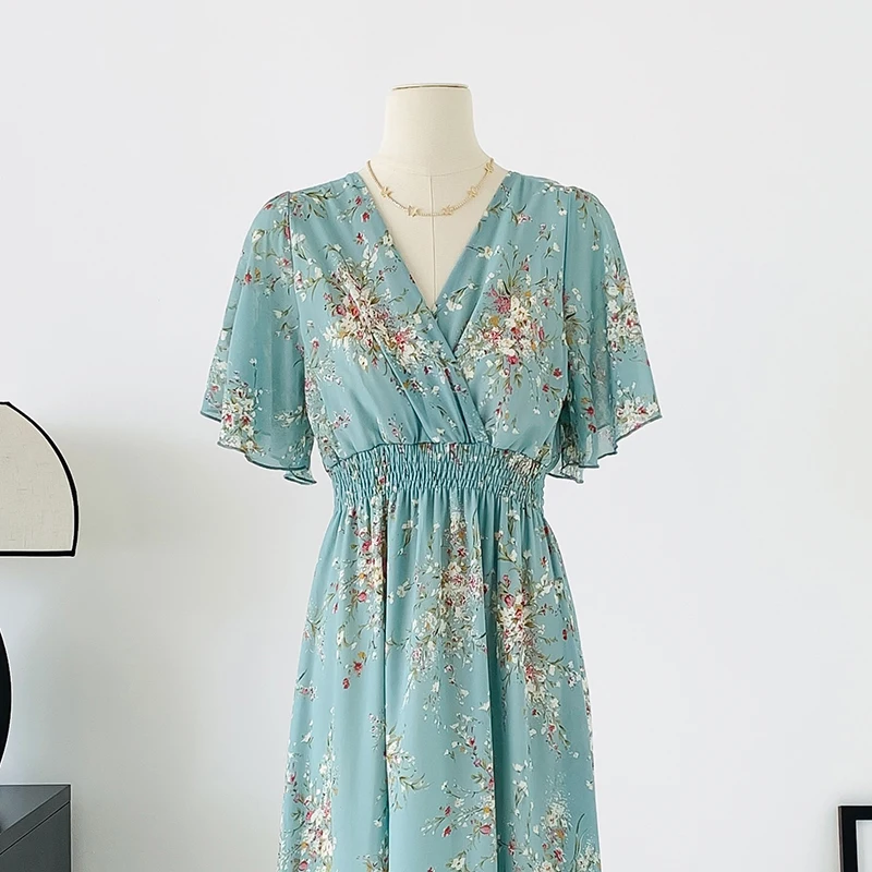 Женское шифоновое платье-трапеция с цветочным принтом V-образным вырезом и