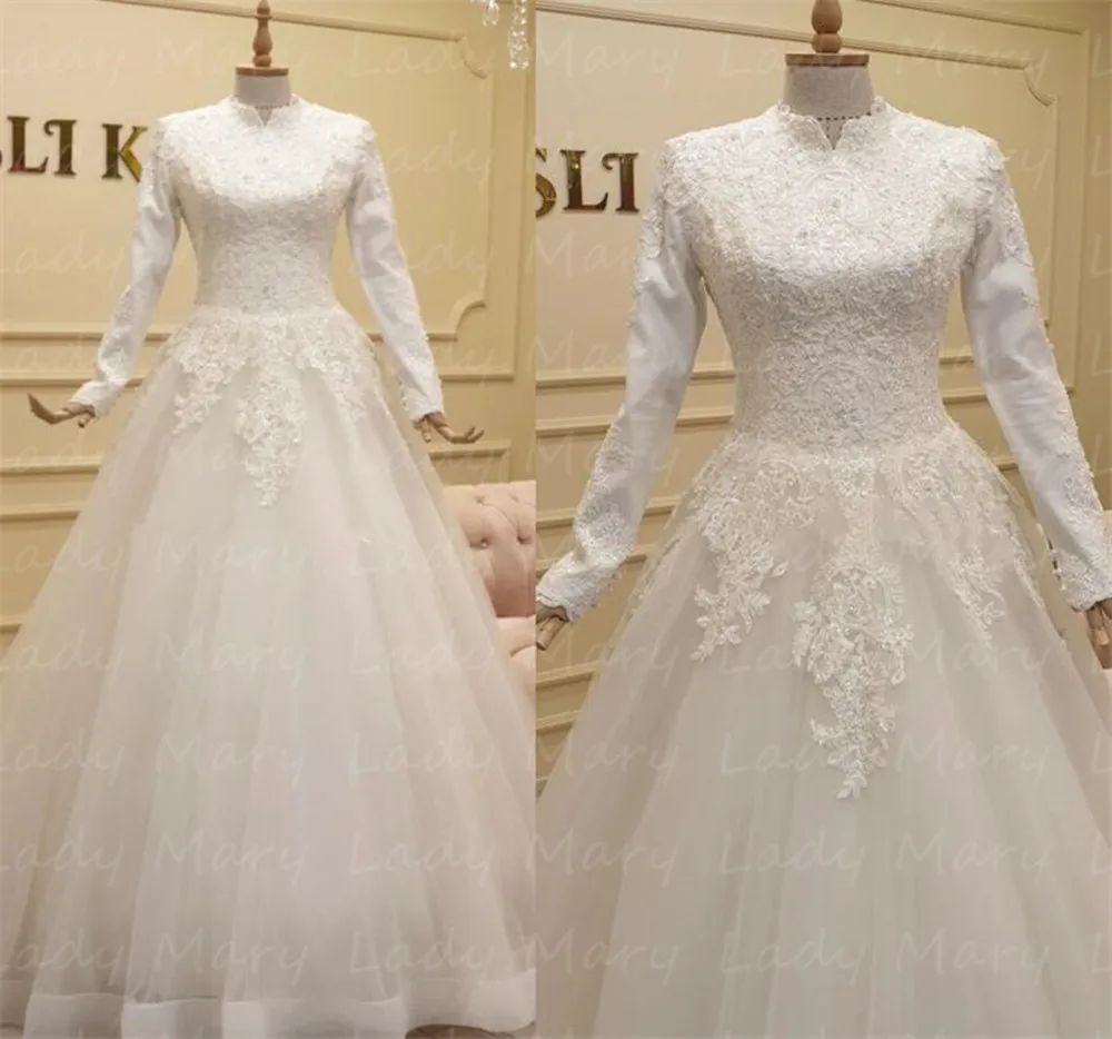 

Saudi Arabia Wedding Dresses Off White Lace Long Sleeves High Collar Elegant Women Marriage Bridal Gowns Gorgeous Robe De Mariée