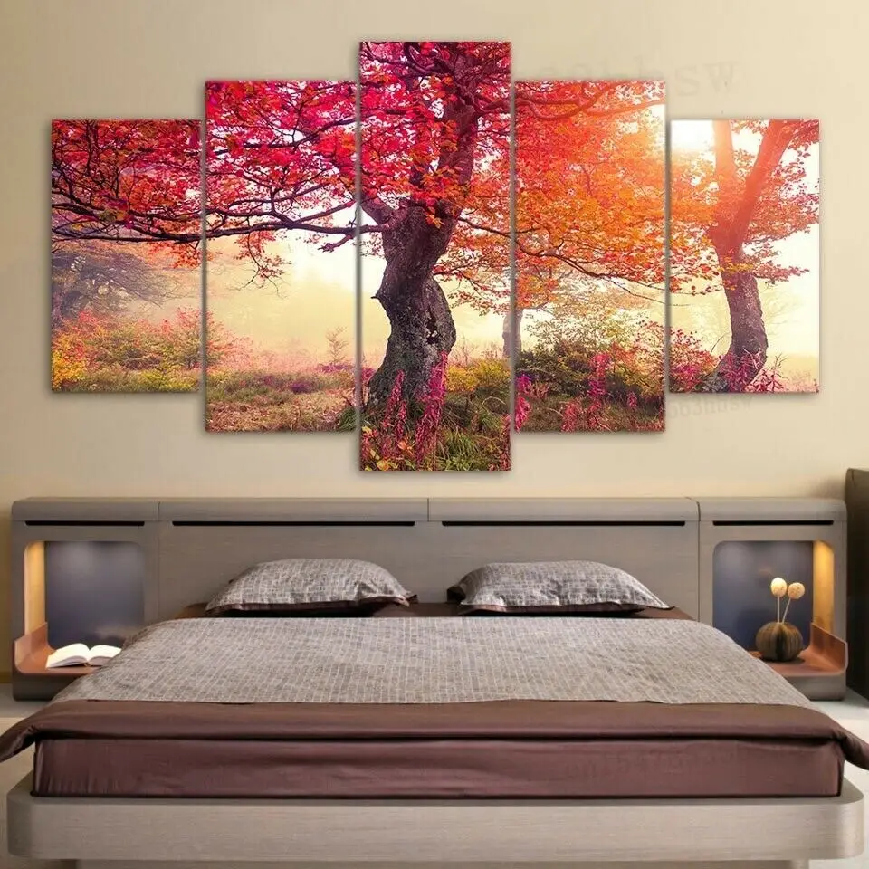

Red Leaves Tree Autumn Season 5 Panel Canvas Print Wall Art Home Decor Poster No Framed Room Decor Paintings HD Print Pictures