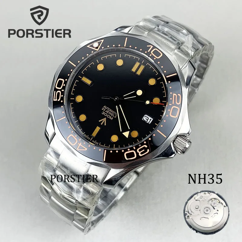 

PORSTIER NH35 Mens Watch Waterproof Men Watches Automatic Movement Mechanical 904L Steel Canvas Limited 007 Male Wristwatches
